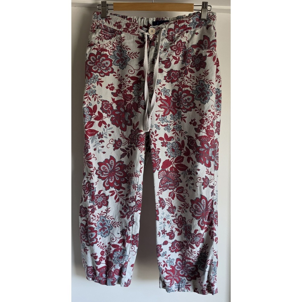VTG Blue Dot Women XS Floral Cotton Capri Pants Red White Casual Boho Cropped